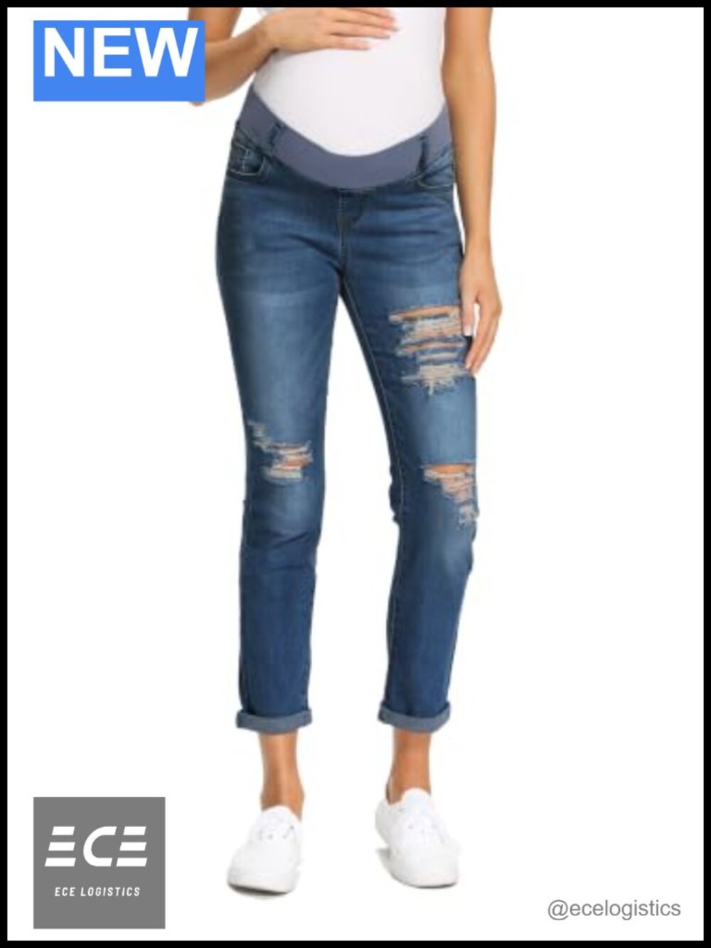 Foucome Maternity Stretch Ripped Boyfriend Jeans Low Rise Straight Leg